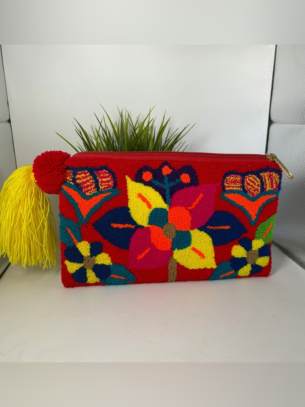 Handcrafted Floral Tufted Clutch Red/ Multicolored Neon Flowers Yellow Tassel